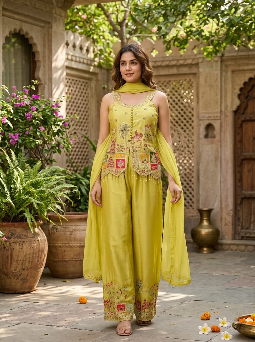 Lime Green Embroidered Viscose Rayon Short Kurti Palazzo Set - View 1