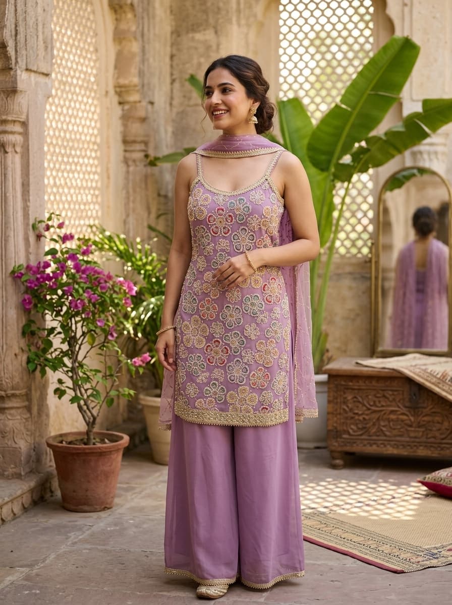 Lavender Floral Embroidered Georgette Straight Palazzo Suit - View 1