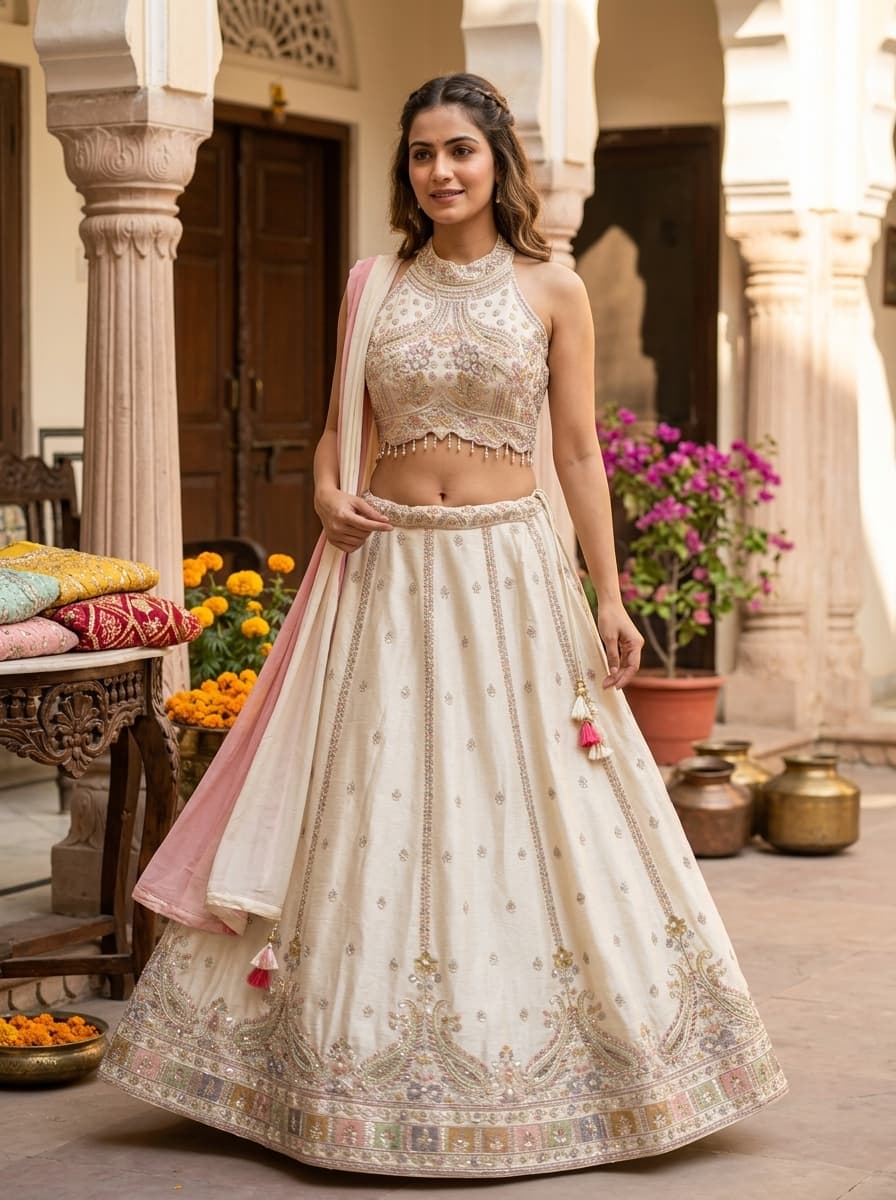 Ivory Multi-Color Embroidered Art Silk A-Line Lehenga Set - View 1