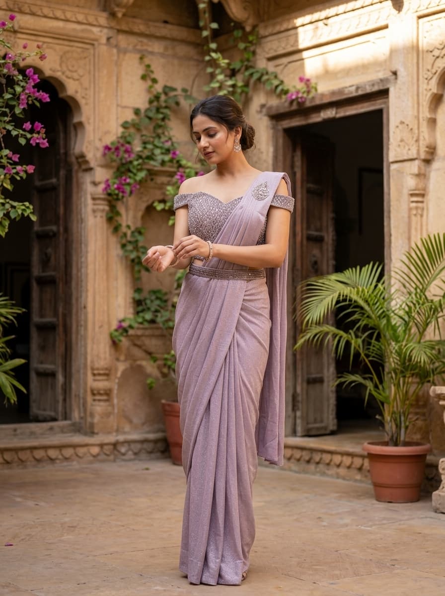 Lilac Sequin Embellished Shimmer Georgette Draped Saree Gown - View 1