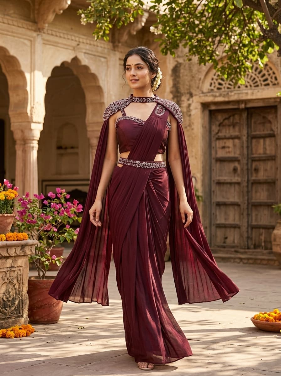 Maroon Embellished Lycra Blend Draped Saree Gown - View 1