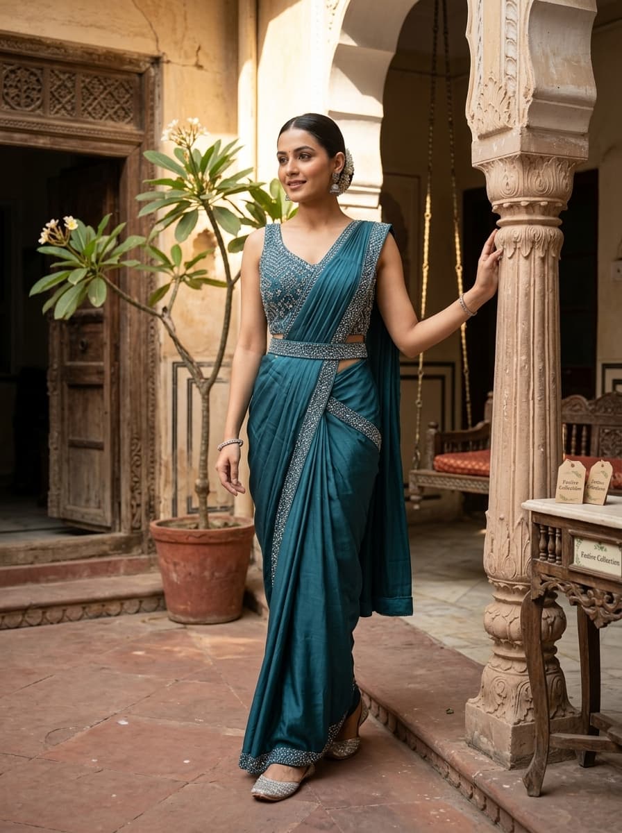 Teal Sequin Embellished Georgette Pre-Draped Saree Gown - View 1