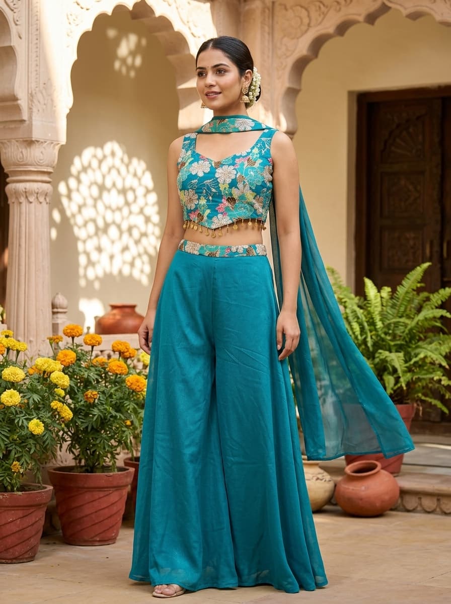Torquoise Blue Floral Embroidered Georgette Blend Palazzo Co-Ord Set - View 1