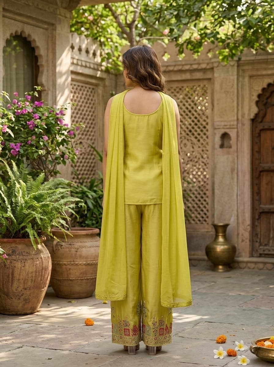 Lime Green Embroidered Viscose Rayon Short Kurti Palazzo Set - View 2