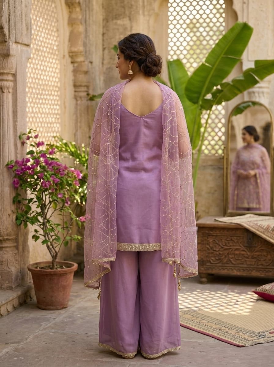 Lavender Floral Embroidered Georgette Straight Palazzo Suit - View 2