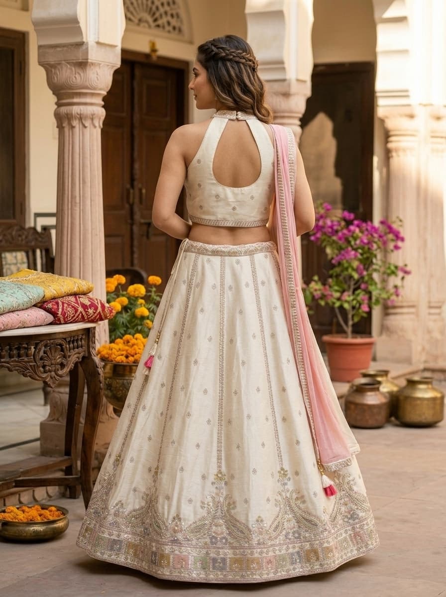 Ivory Multi-Color Embroidered Art Silk A-Line Lehenga Set - View 2