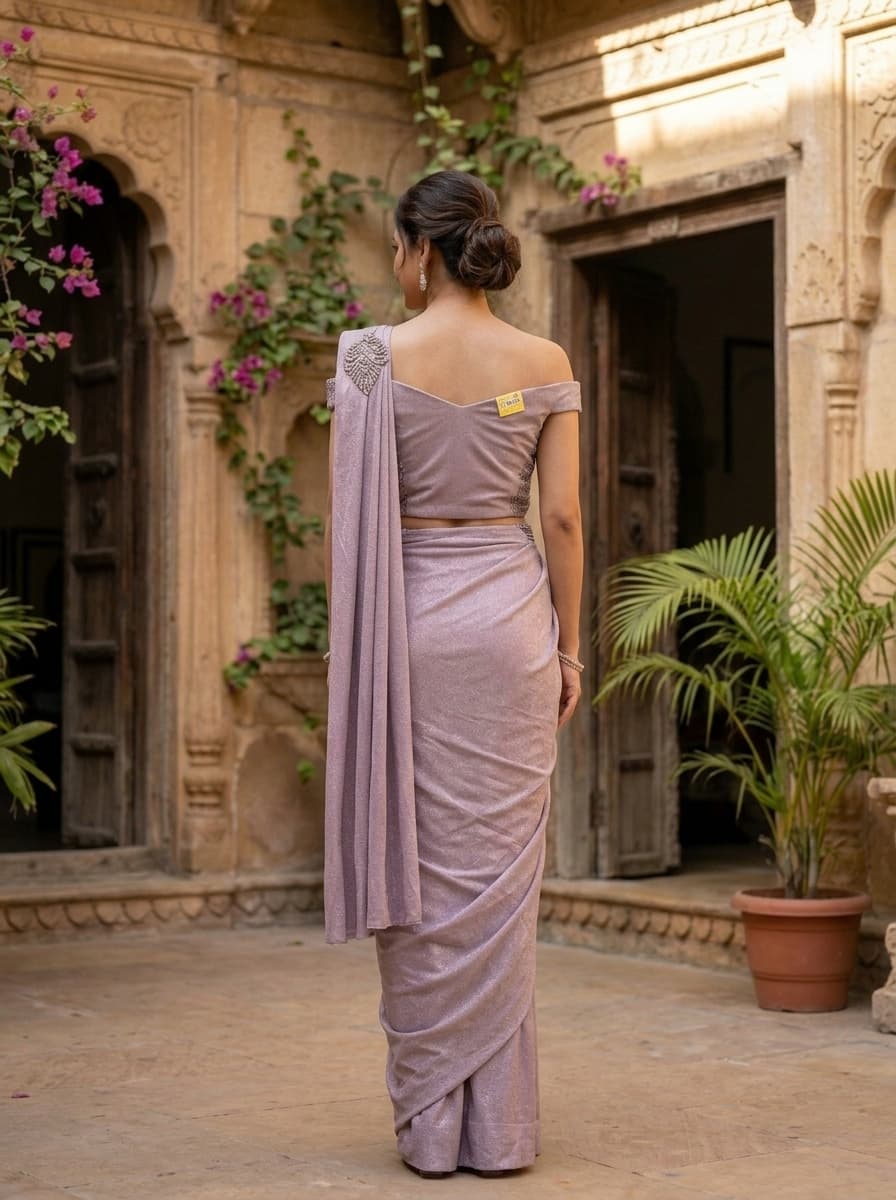 Lilac Sequin Embellished Shimmer Georgette Draped Saree Gown - View 2