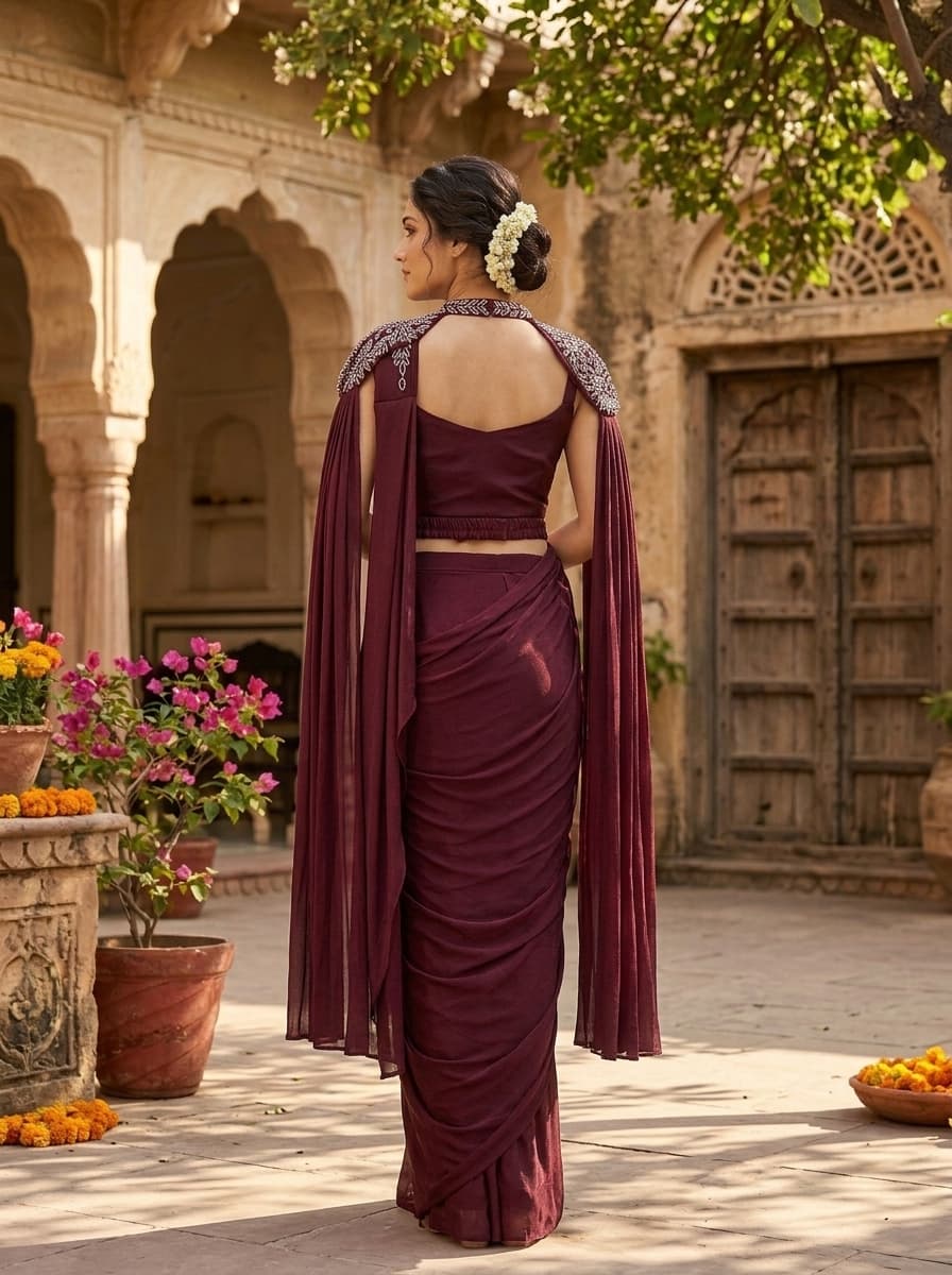 Maroon Embellished Lycra Blend Draped Saree Gown - View 2