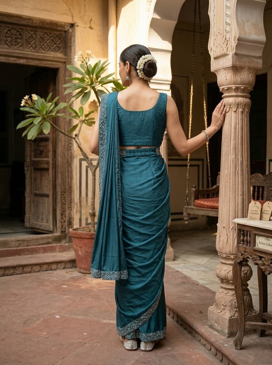 Teal Sequin Embellished Georgette Pre-Draped Saree Gown - View 2