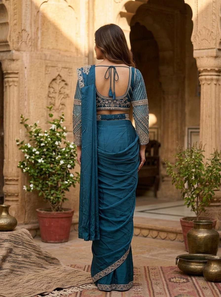 Teal Sequin Embroidered Satin Blend Pre-Draped Saree Set - View 2