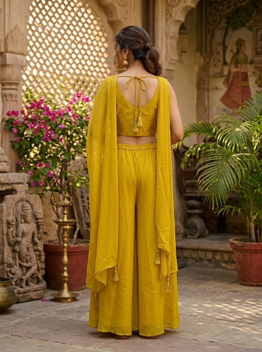 Yellow Floral Embroidered Crepe Wide-Leg Palazzo Co-Ord Set - View 2