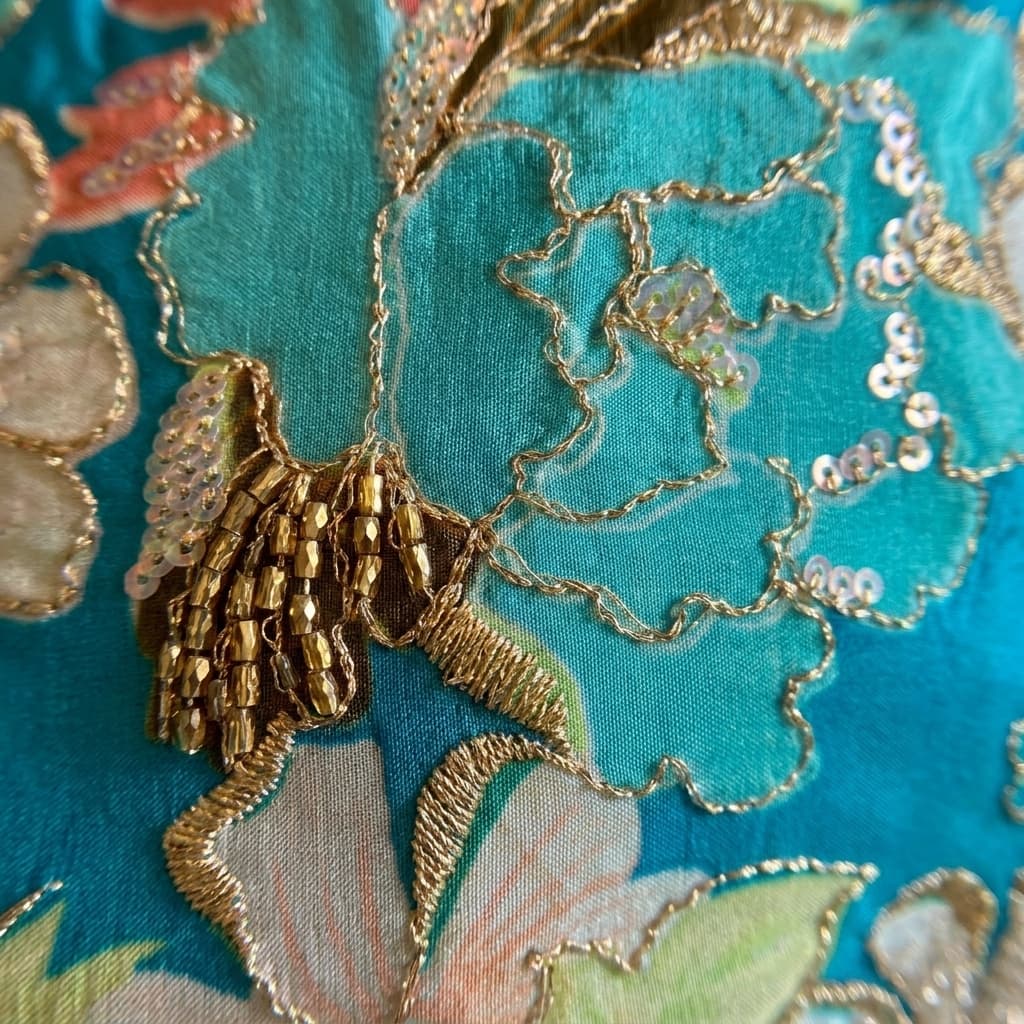 Torquoise Blue Floral Embroidered Georgette Blend Palazzo Co-Ord Set - View 3
