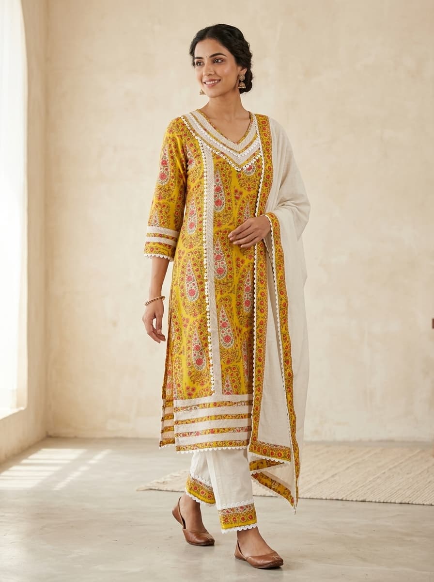 Yellow Paisley Printed Pure Cotton Straight Kurta Set with Lace - View 1