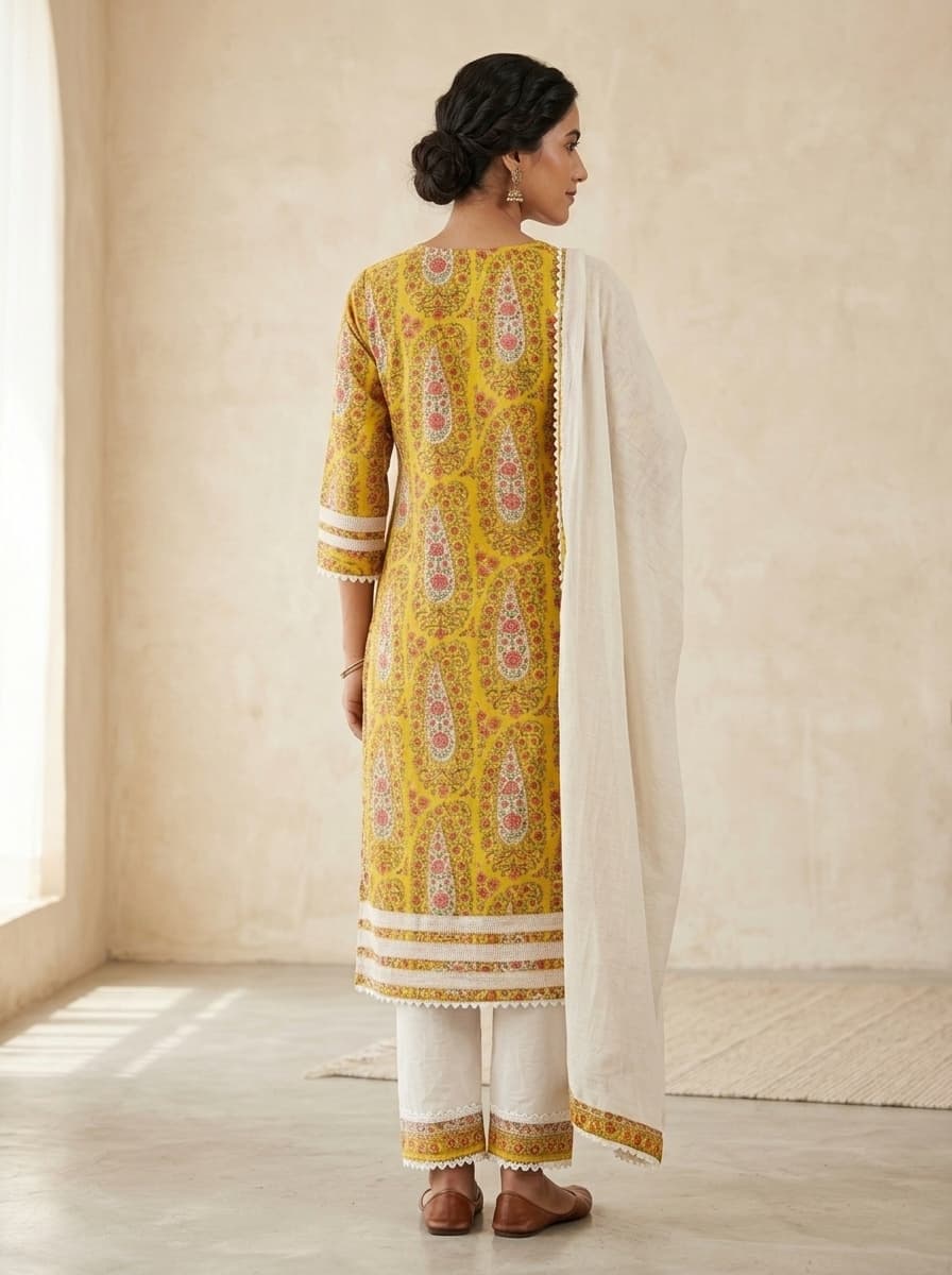 Yellow Paisley Printed Pure Cotton Straight Kurta Set with Lace - View 2