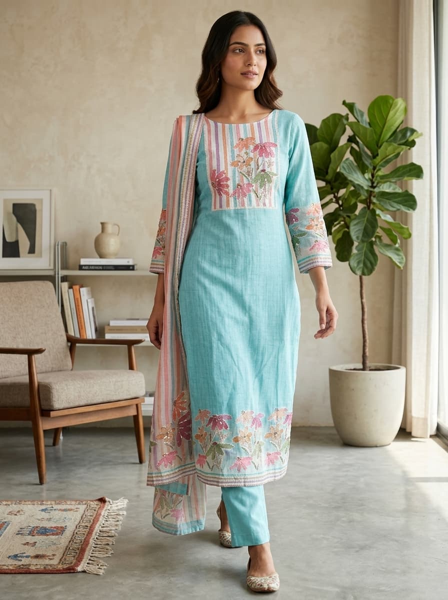 Teal Floral Embroidered Art Silk Straight Palazzo Suit Set - View 1