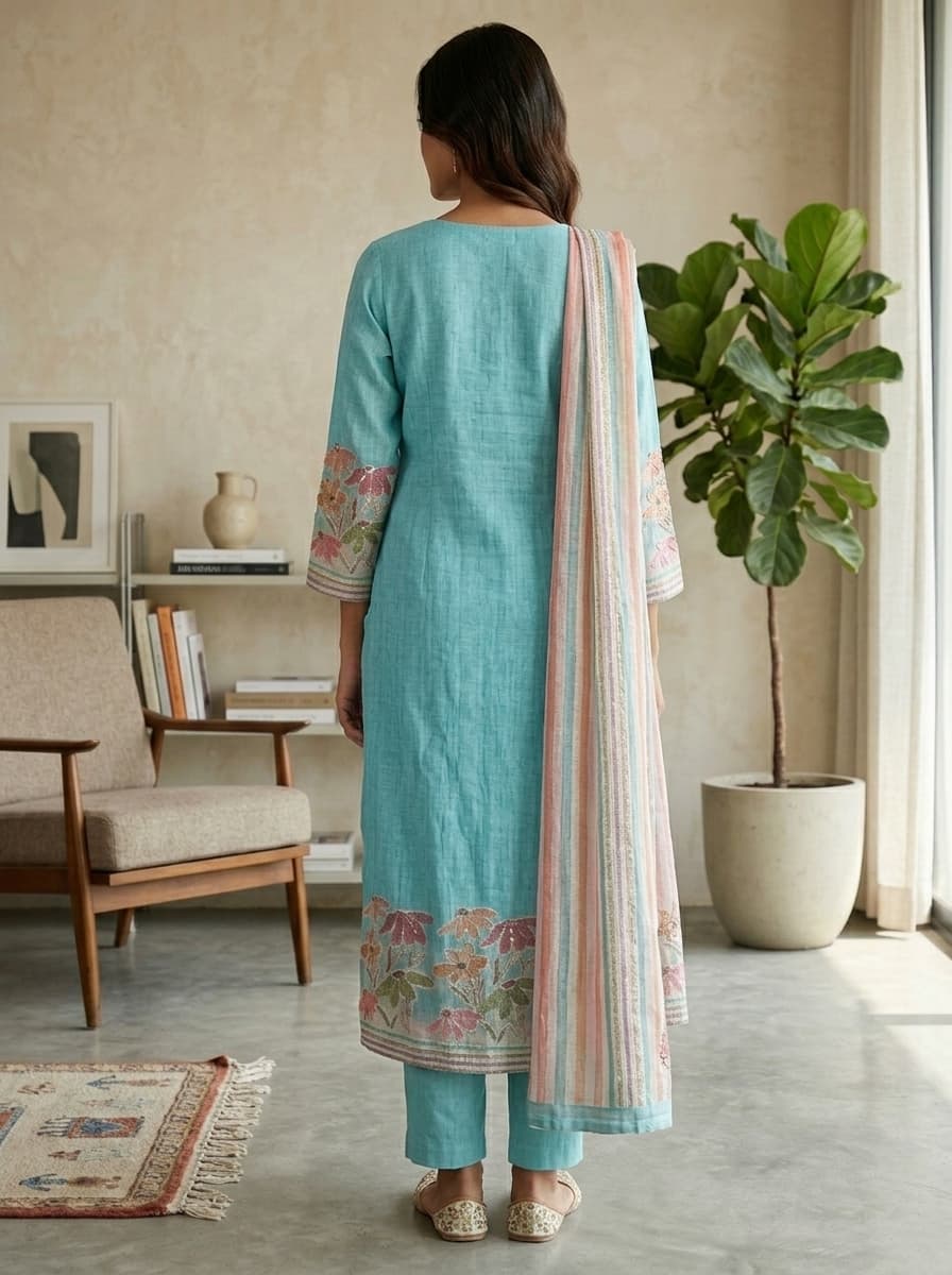 Teal Floral Embroidered Art Silk Straight Palazzo Suit Set - View 2