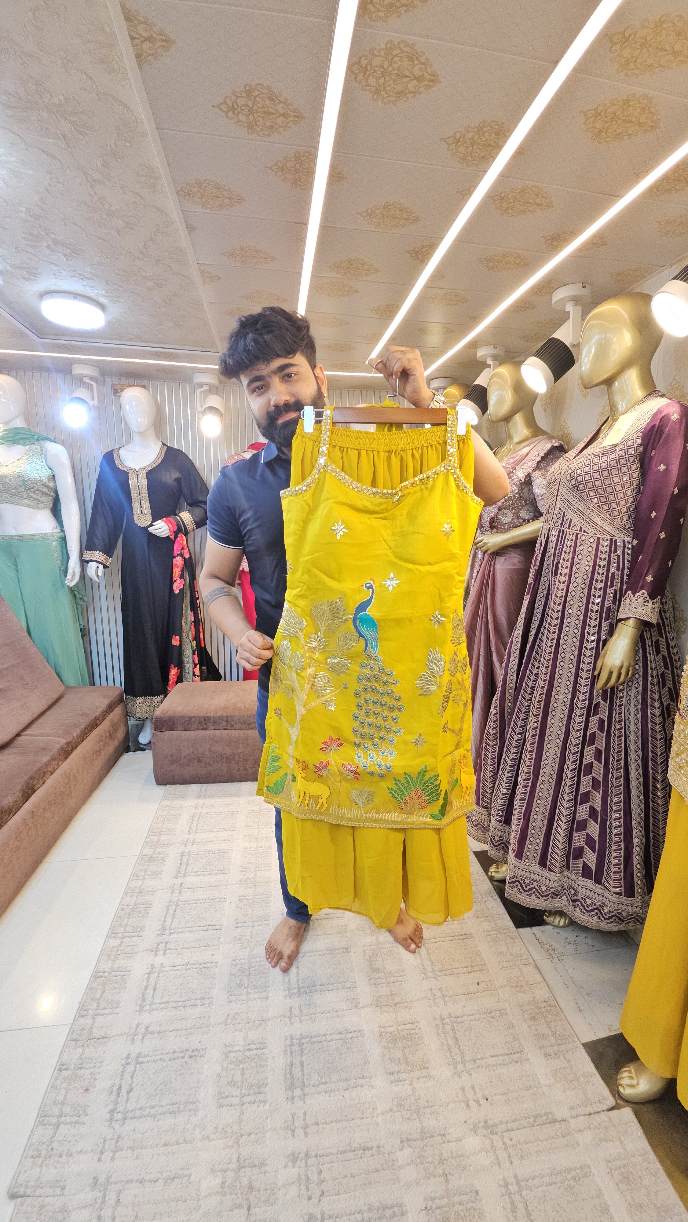 SHIMER FABRIC WITH BEAUTIFUL PEACOCK EMBROIDERY MUSTARD COLOUR